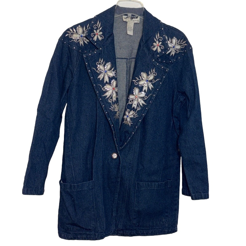 Vintage JENJEN by Darian 80s / 90s Rhinestone Embroidered Denim Blazer‎ Jacket S